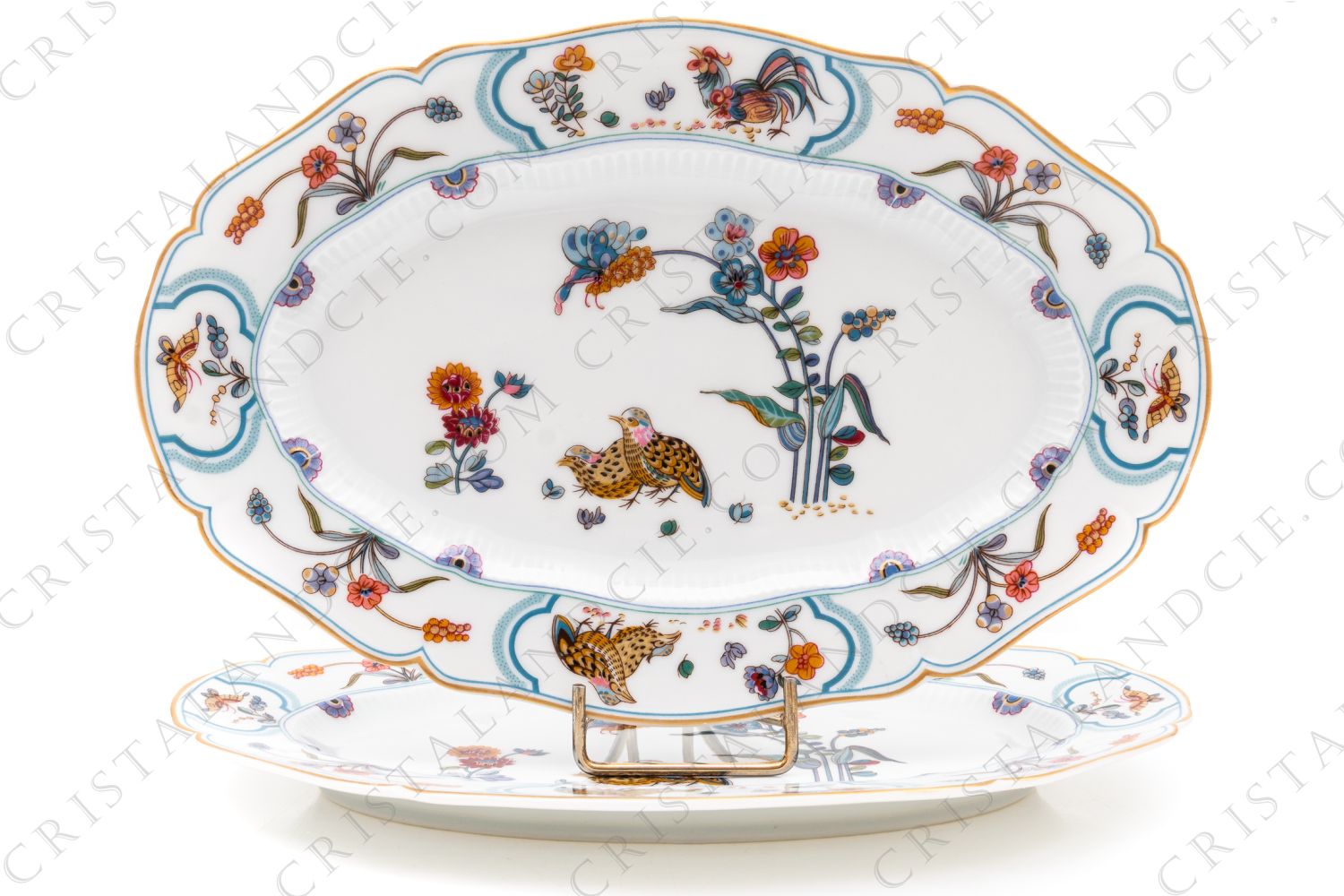 Pair of relish dishes in Limoges china by Havilland pattern Golden Quails decorated with couples of quails and roosters, with butterflies and polychromes flowers enhanced with gold photo-1