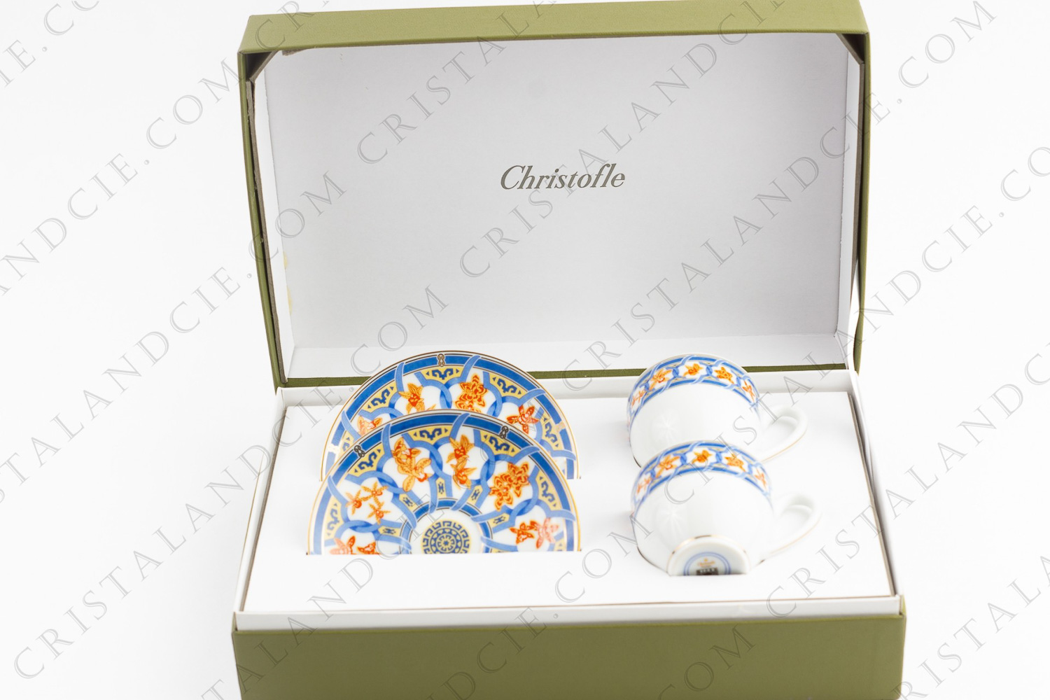 Pair of coffee cups in Christofle china pattern Ginkgo with an elaborated polychrome and gold pattern photo-1