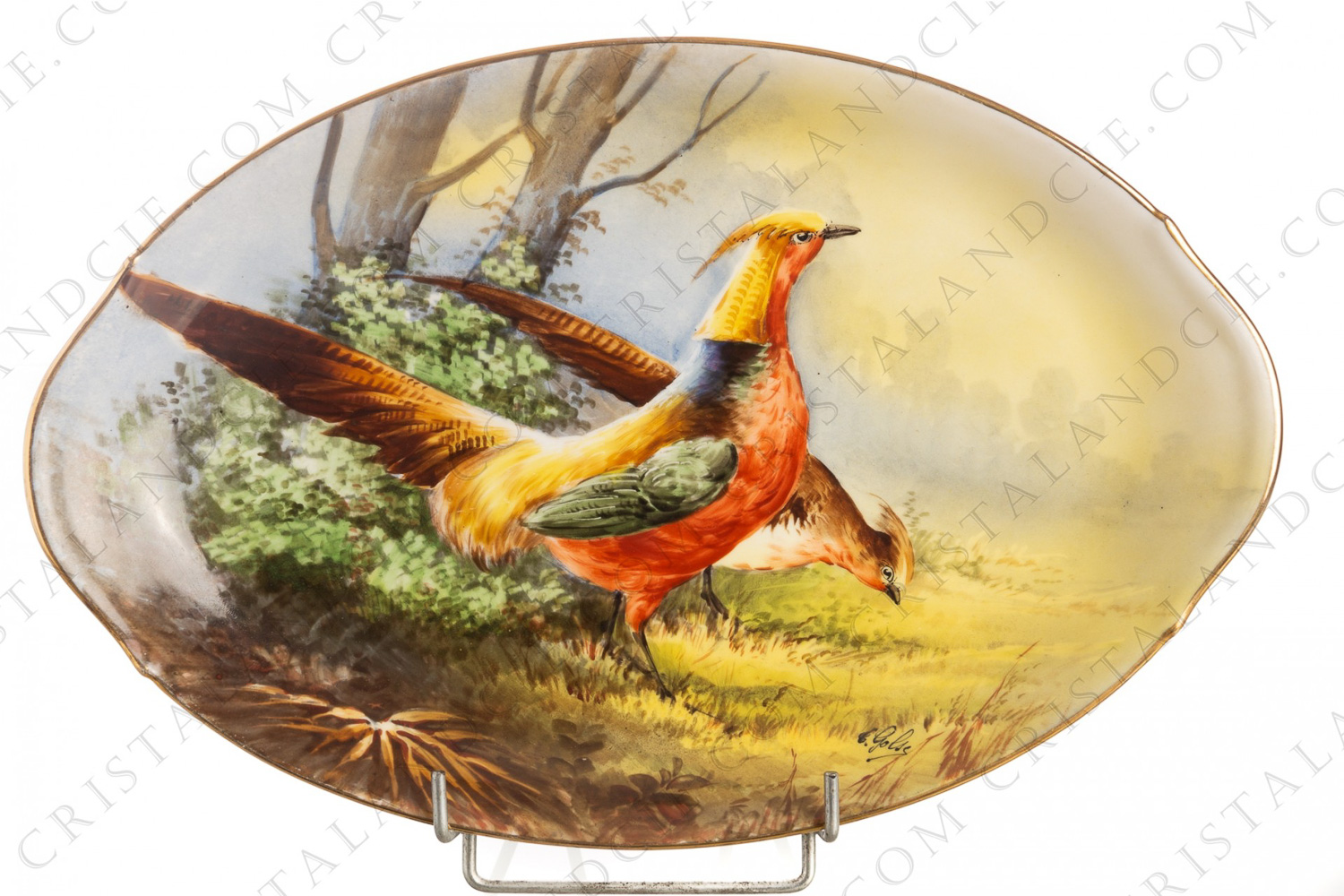 Oval dish in Limoges china decorated with a pheasants couple in a clearing, hand painted by C photo-1