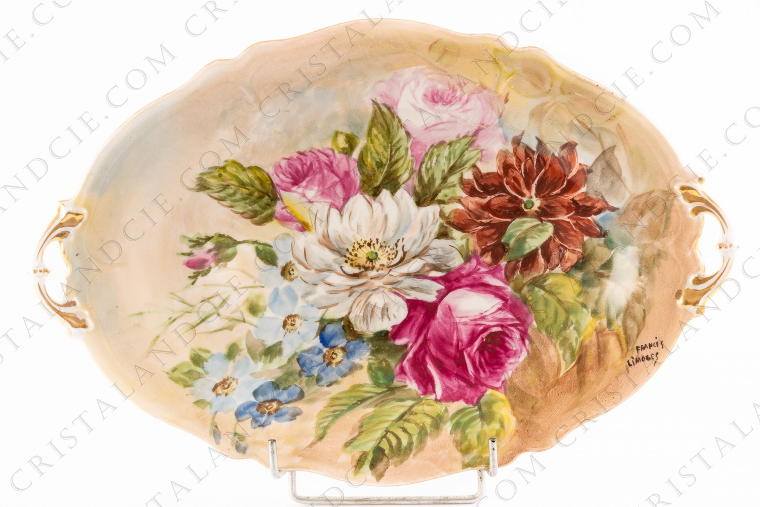 Plat ovale en porcelaine de Limoges à décor de bouquet de fleurs peint à la main par Francis photo-1