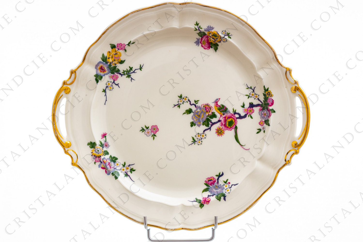 Cake dish in china of Limoges by Bernardaud pattern Bengali decorated with polychromes flowers and birds of paradise photo-1
