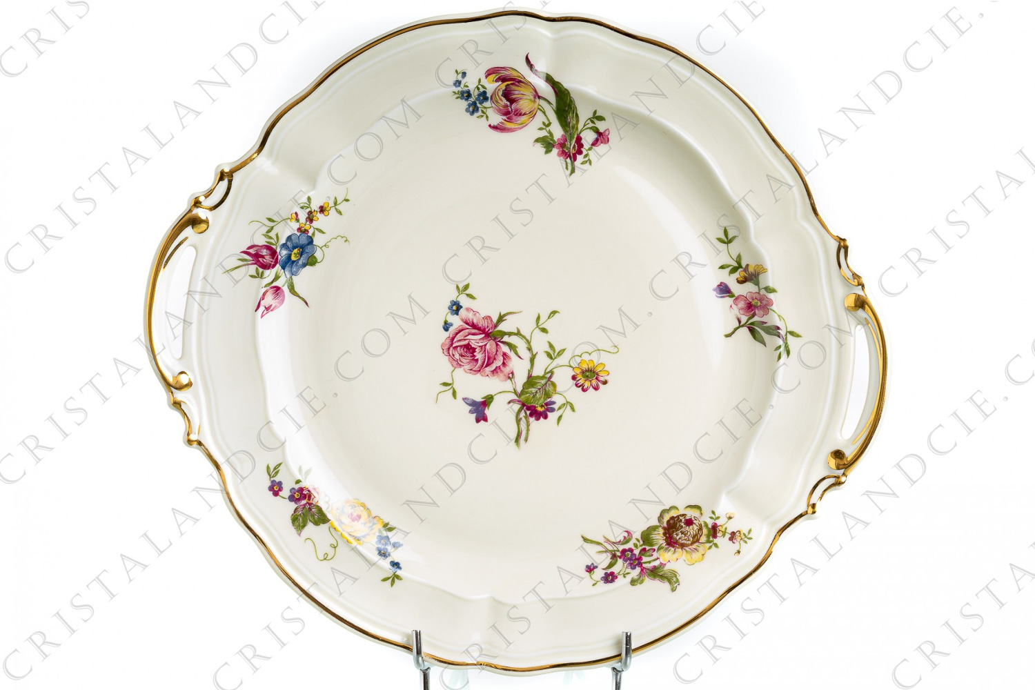 Cake dish in Limoges china by Bernardaud shape Régence decorated with polychromes flowers photo-1
