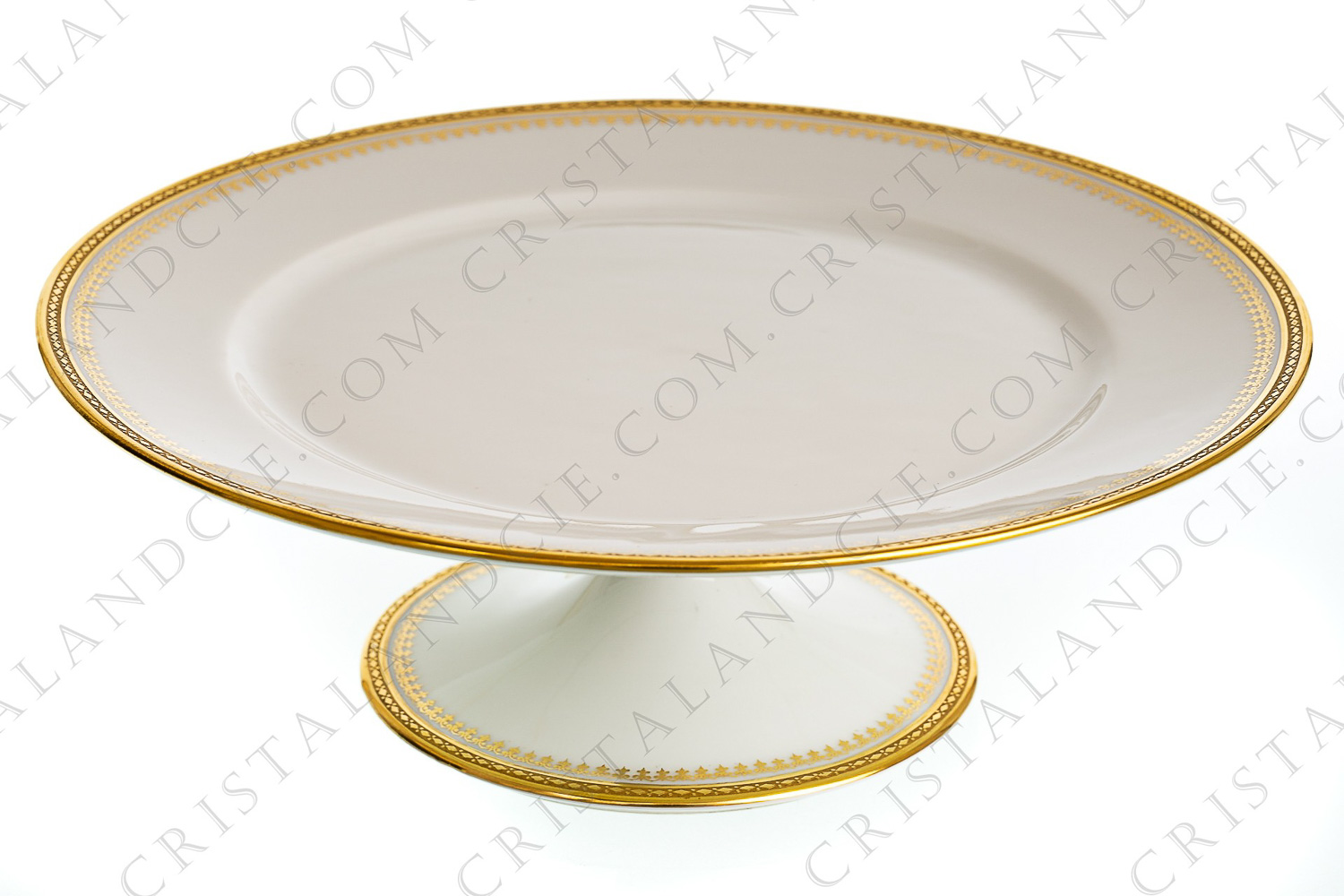 Plat à gâteaux sur pied en porcelaine de Limoges de Théodore Havialnd orné de frises en incrustations or, de frises de fleurs de lys et de filets or photo-1