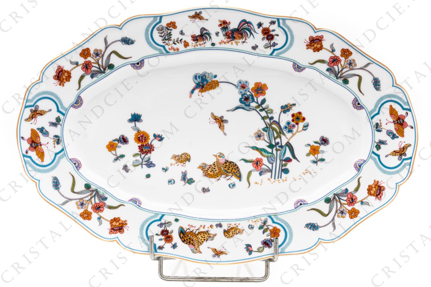 Oval dish in Limoges china by Haviland pattern Golden Quails decorated with quails and roosters, with butterflies and polychromes flowers enhanced with gold photo-1