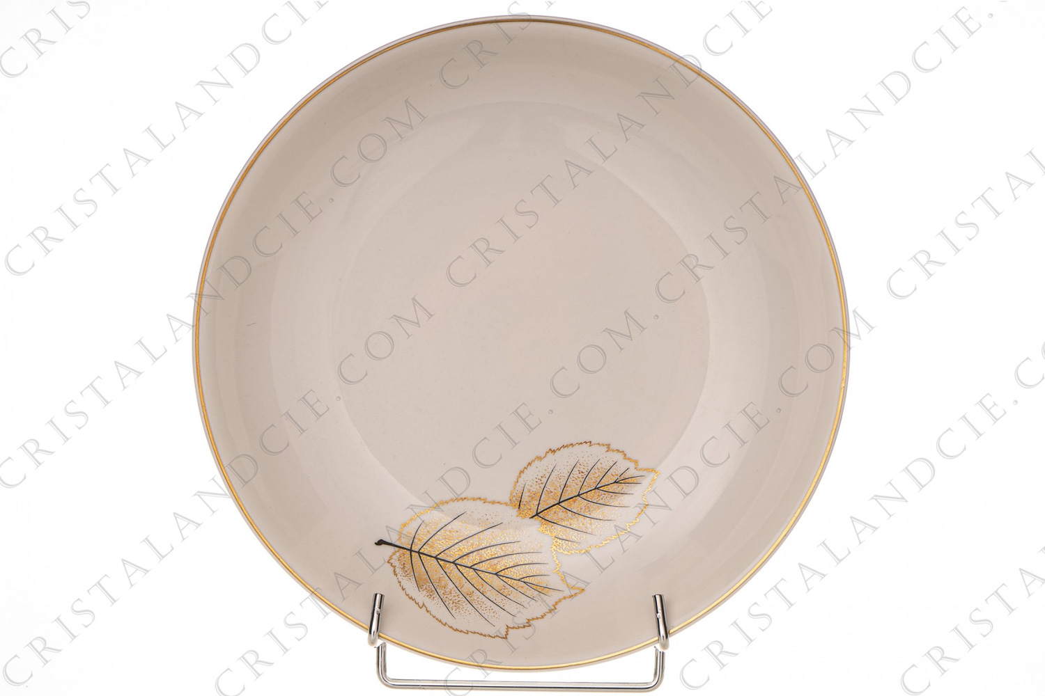 Deep round dish in Limoges china by Bernardaud pattern Catherine created by Nicole Desjardin, decorated with gold and black leaves photo-1