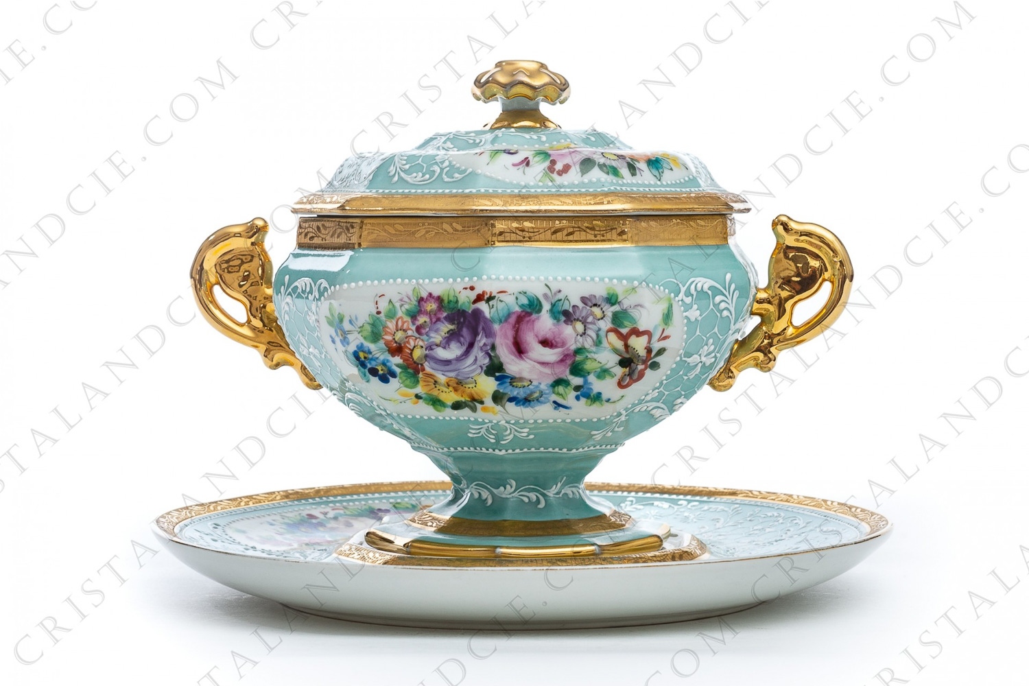 Covered jar in Paris china decorated by the workshop Le Tallec with white hand-enameled arabesques on a blue background, and hand painted polychromes flowers photo-1