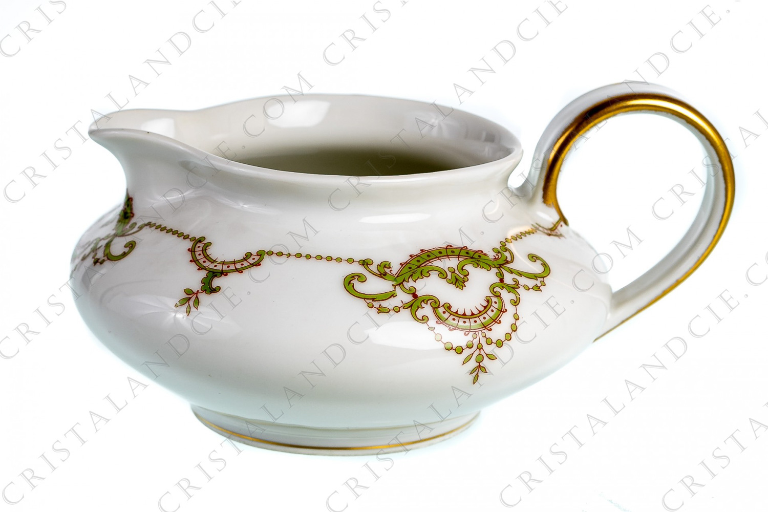 Creamer in Limoges china by Théodore Haviland decorated with green and gold acanthus leaf foliage photo-1