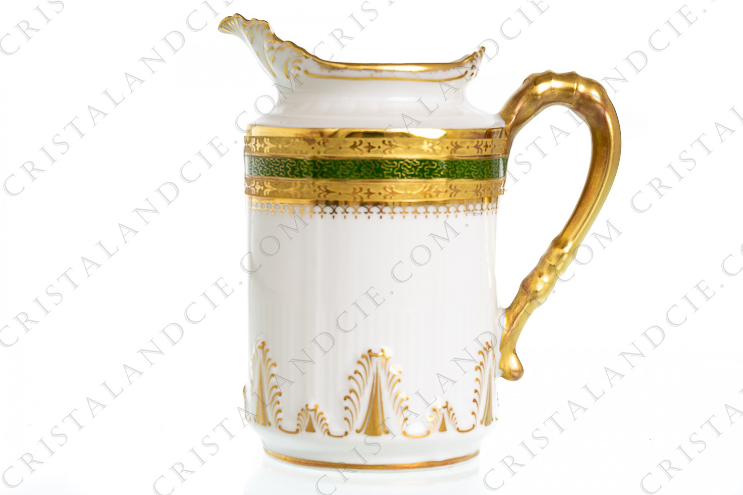 Creamer in Limoges china by Bac et Perigault ( bought by Chabrol et Poirier in 1917) hand decorated with green border and gold inlays friezes photo-1