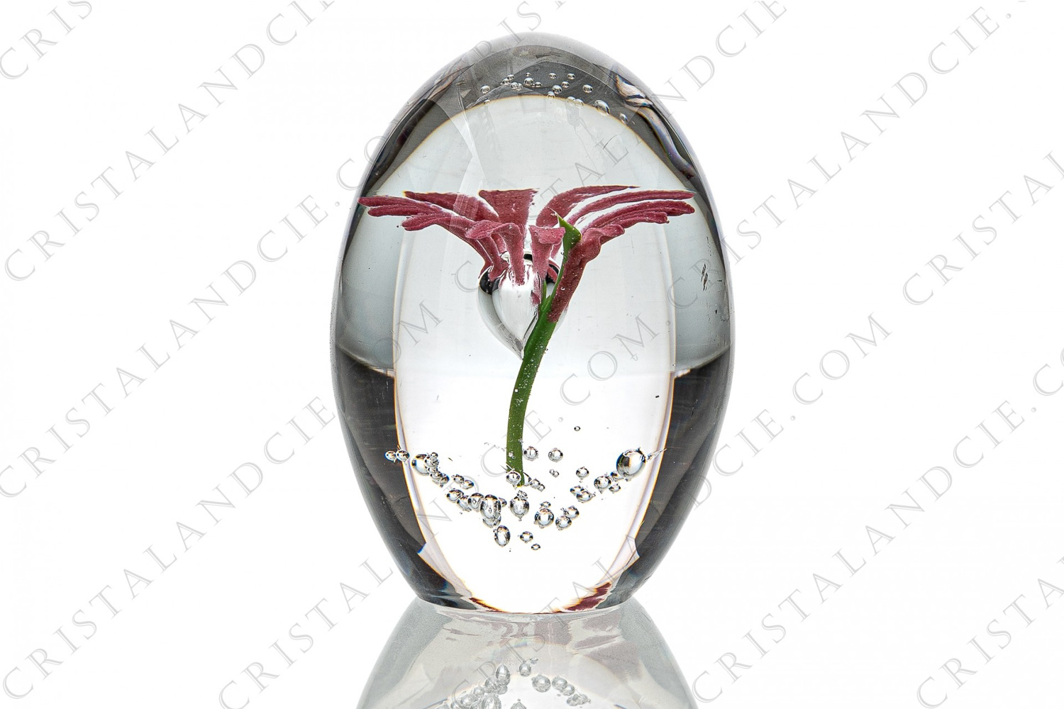 Presse-papier en forme d oeuf en cristal de Daum modèle gerbéra présentant une inclusion figurant un gerbéra rose photo-1
