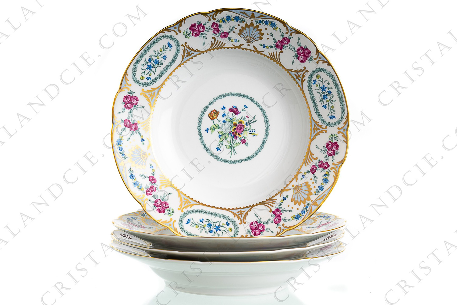 Set of four soup plates in Limoges china by Bernardaud pattern Vigny with an important pattern of polychrome flowers and gold foliages photo-1