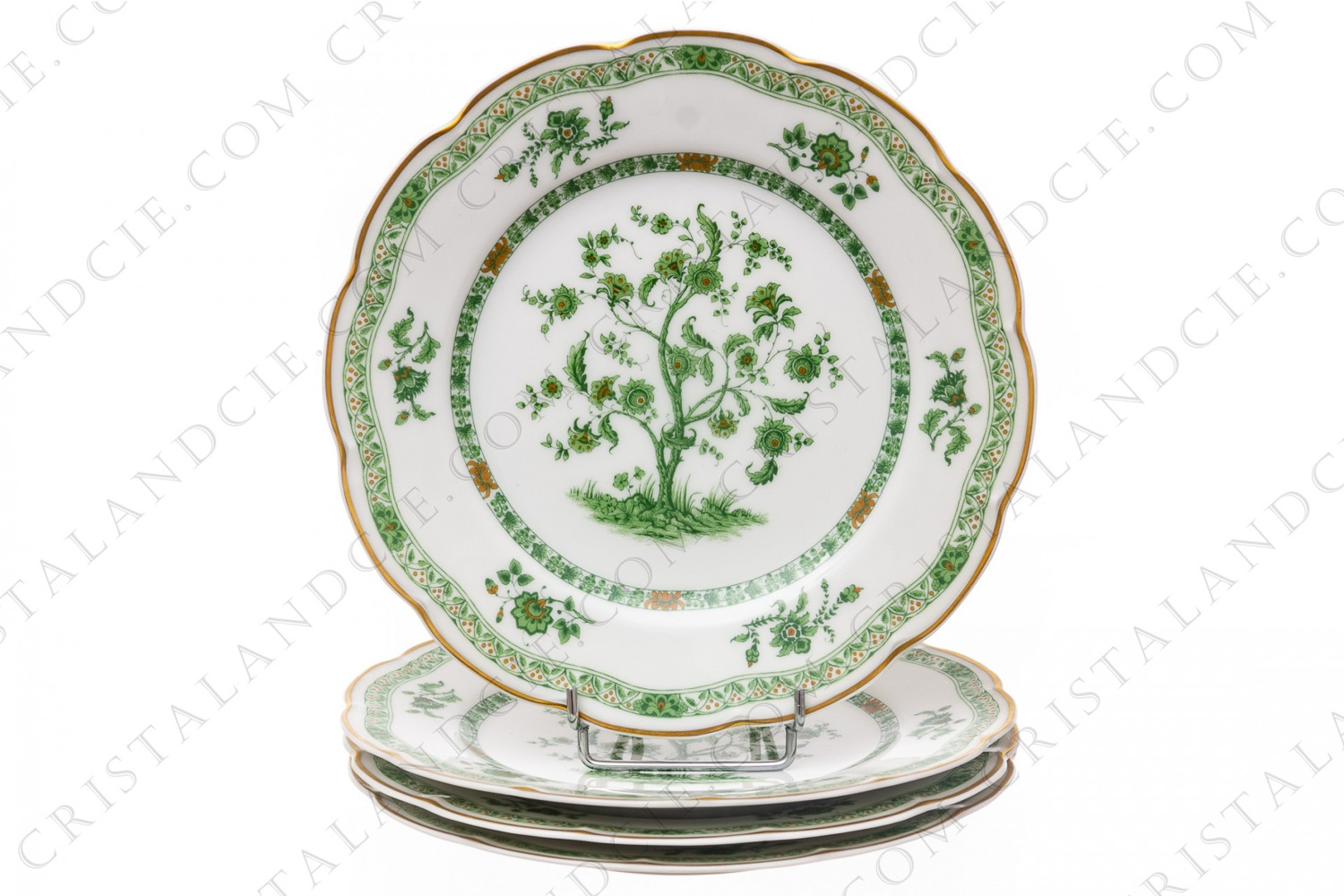 Set of four dinner plates in Limoges china by Haviland pattern Arbre vert shape Lutece decorated with a green and brown flowered tree in the middle, with vegetables friezes and with a gold border photo-1
