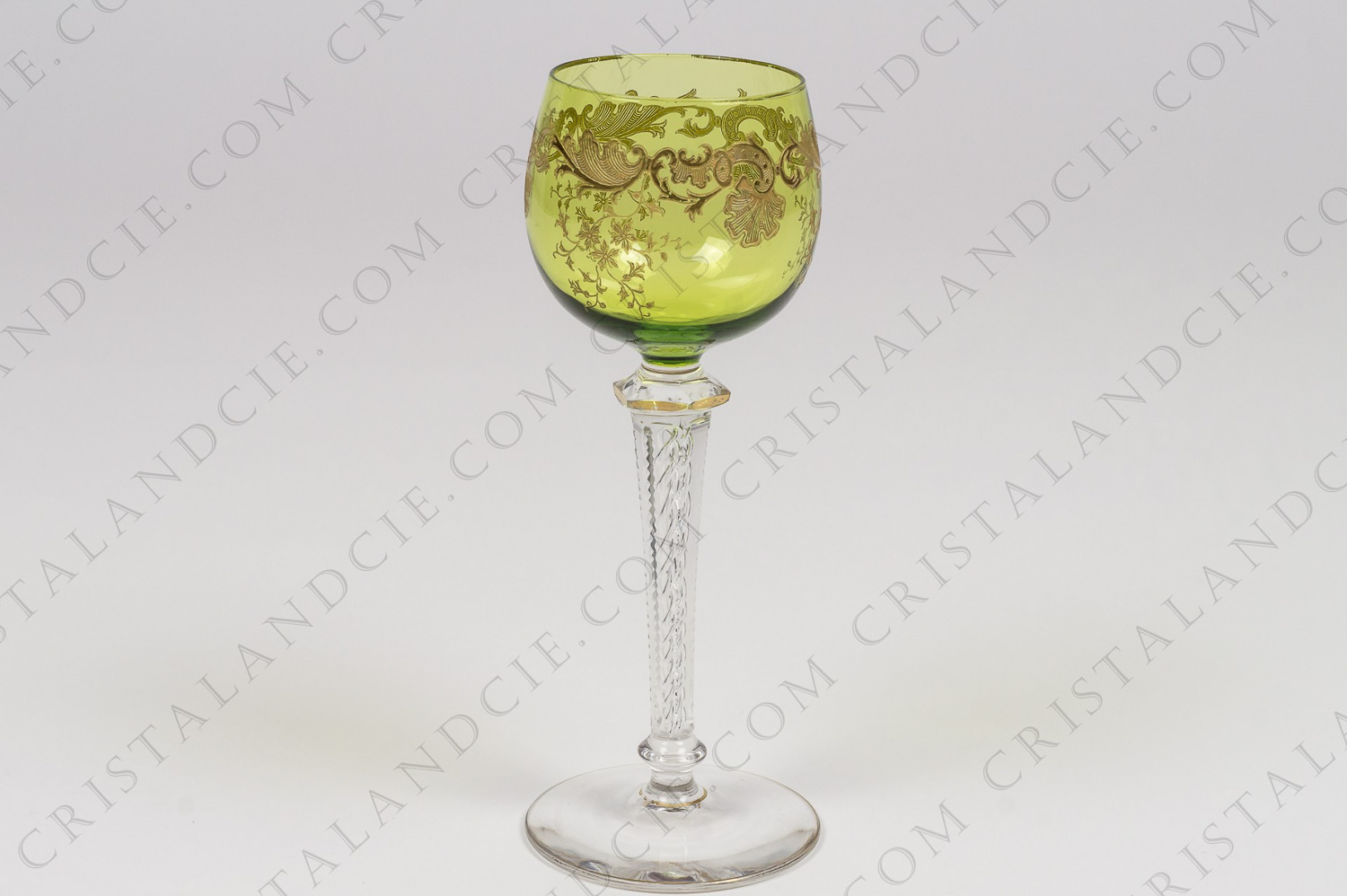 Rhine wine glass hock in crystal by Saint-Louis, the green belly is decorated with the gold inlays of the pattern Massenet gold photo-1