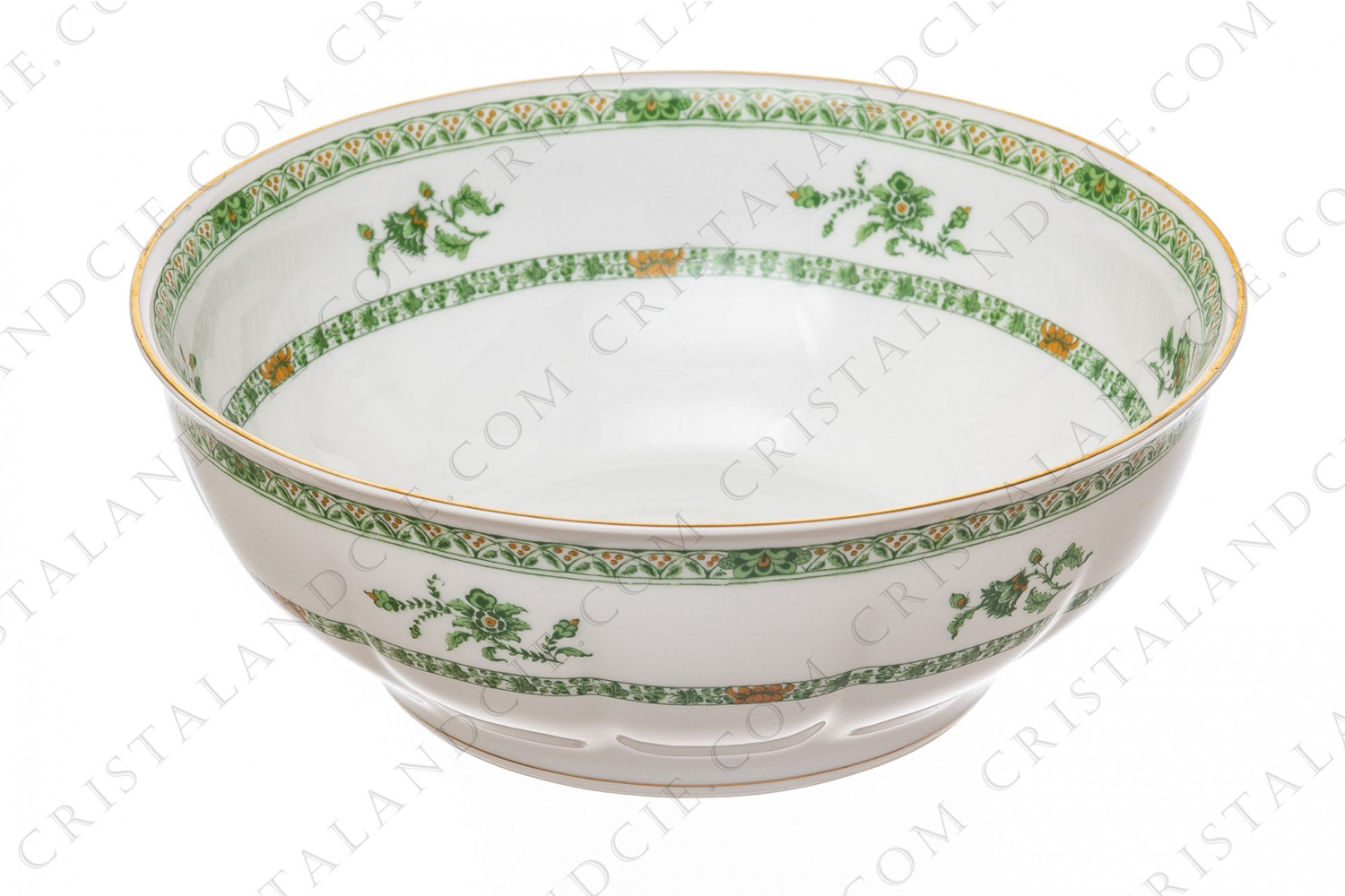 Saladier en porcelaine de Limoges de la maison Haviland modèle Arbre vert forme Lutèce orné de frises végétales et de fleur vertes et brunes et d un liseré or photo-1