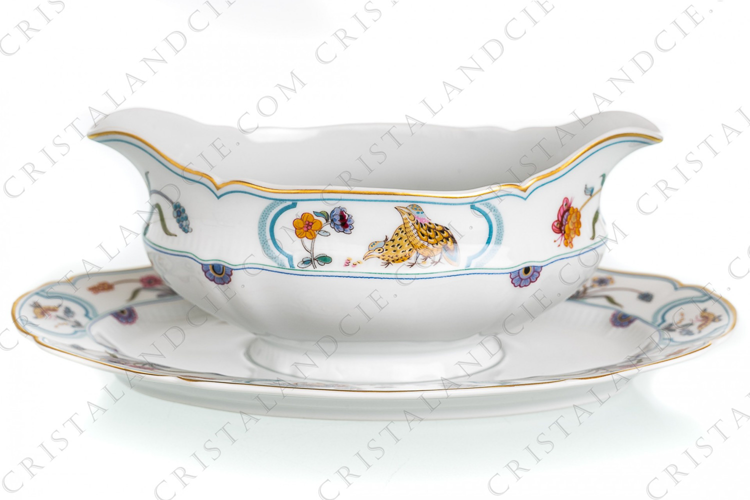 Gravy boat in Limoges china by Havilland pattern Aux Cailles decorated with couples of quails and roosters, with butterflies and polychromes flowers enhanced with gold photo-1
