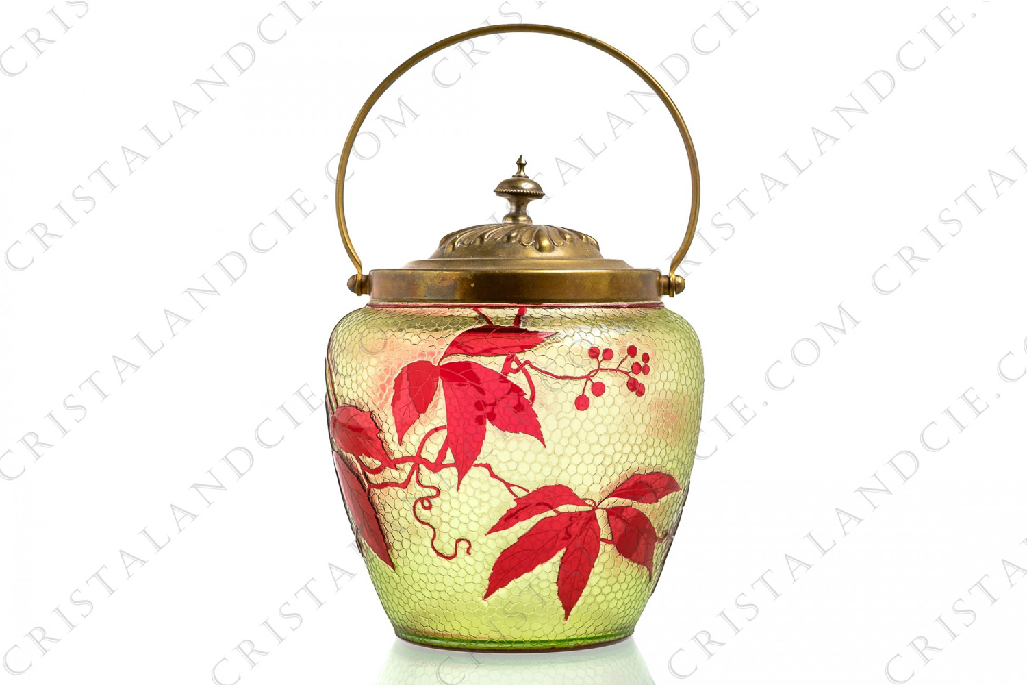 Art Nouveau cookie jar in yellow and red double layer crystal by Baccarat decorated with red virginia creeper on a engraved with the acid yellow honey comb background photo-1