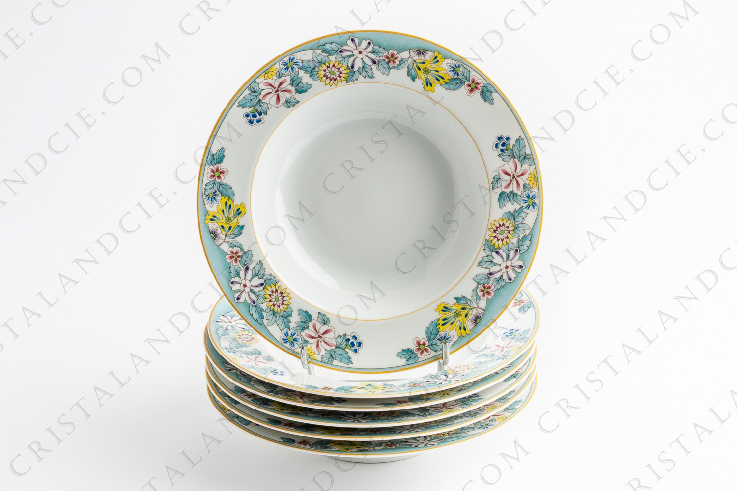Set of six soup plates in Limoges china by Haviland pattern Ophelia decorated with polychromes flowers friezes photo-1