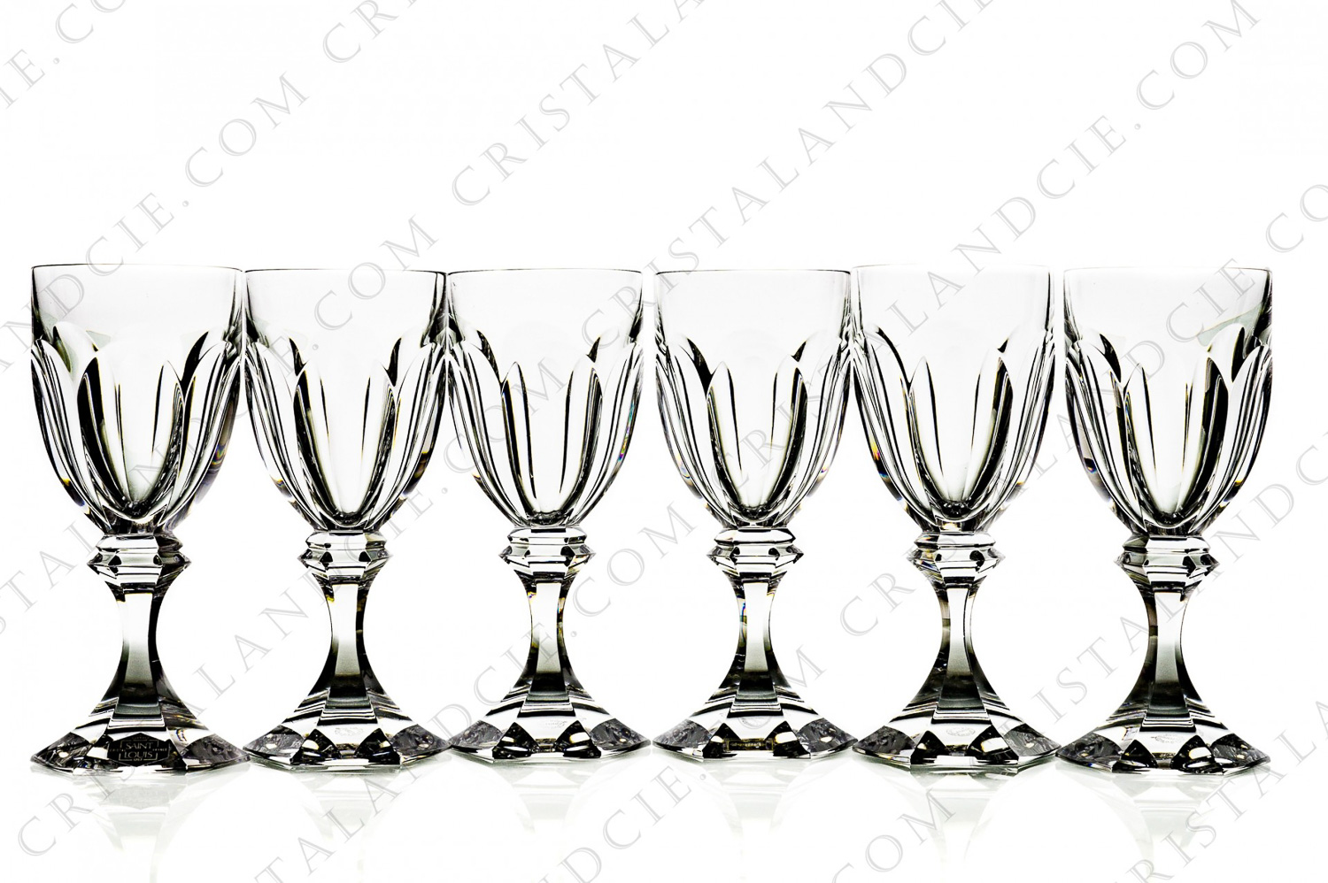 Set of six watergoblets n°2 in crystal by Saint-Louis pattern Chambord with the belly is decorated with flatcuts photo-1