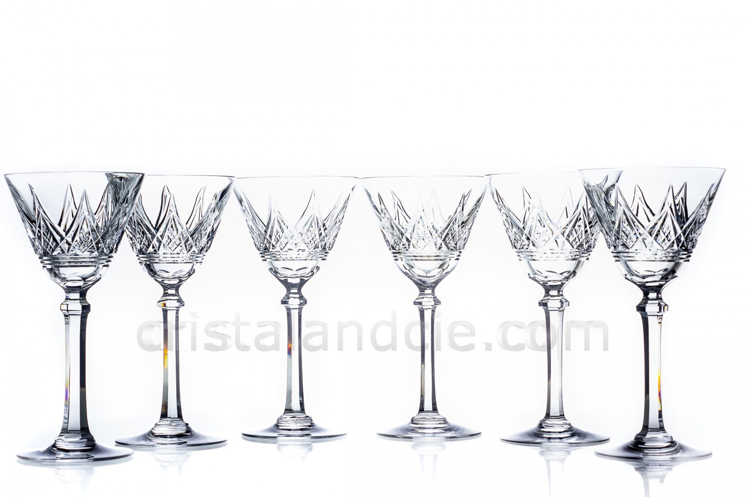 Set of six watergoblets n°2 in crystal by Baccarat pattern Louvois with an important cut pattern, cut stem with a ring photo-1