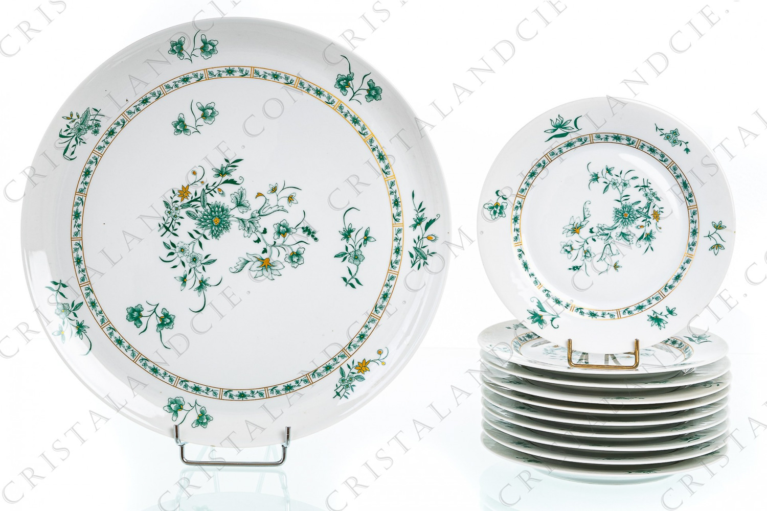 Dessert set in Limoges china by Bernardaud pattern Pekin decorated with green gold enhanced flowers photo-1