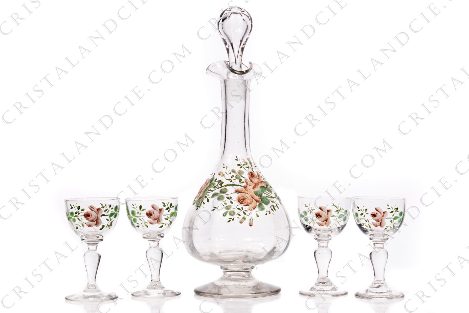 Cordial set in crystal by Baccarat decorated with enameled roses photo-1