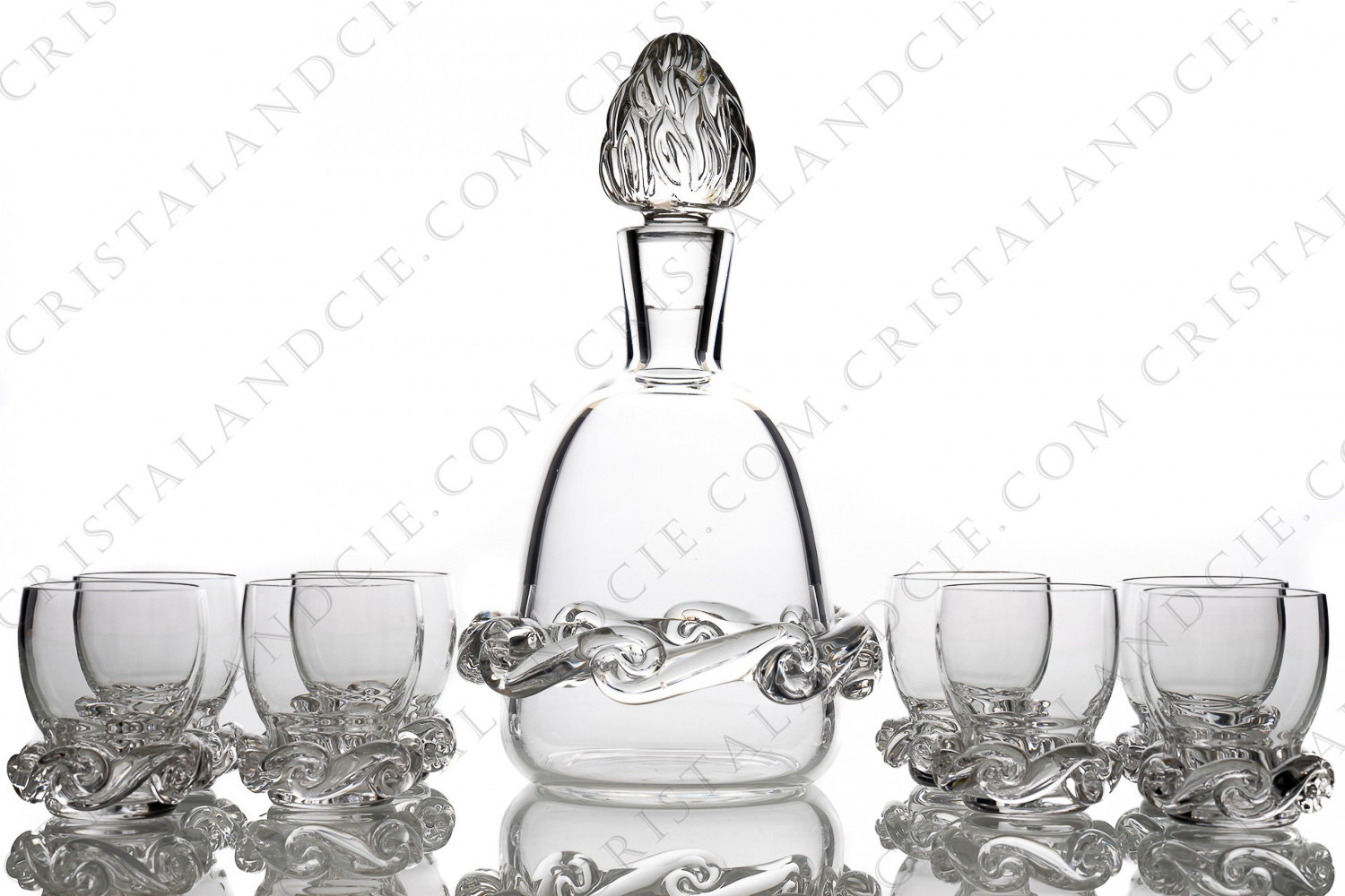 Sherry set in crystal by Baccarat pattern Aladin, decorated with a frieze in stretched crystal, the plug of the decanter represents flames photo-1