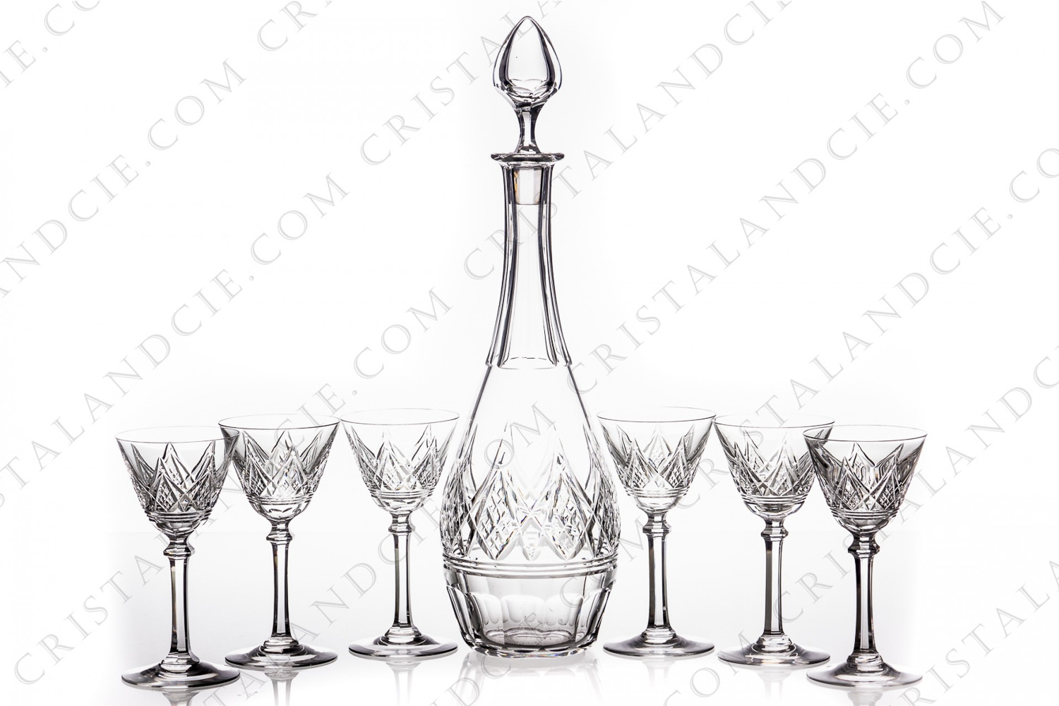 Sherry set in crystal by Baccarat pattern Louvois with an important cut pattern, cut stem with a ring photo-1