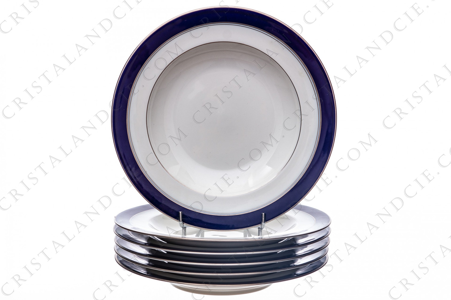 Set of six soup plates in Limoges china by Bernardaud pattern platinum Pavie, decorated with cobalt blue and platinum borders photo-1