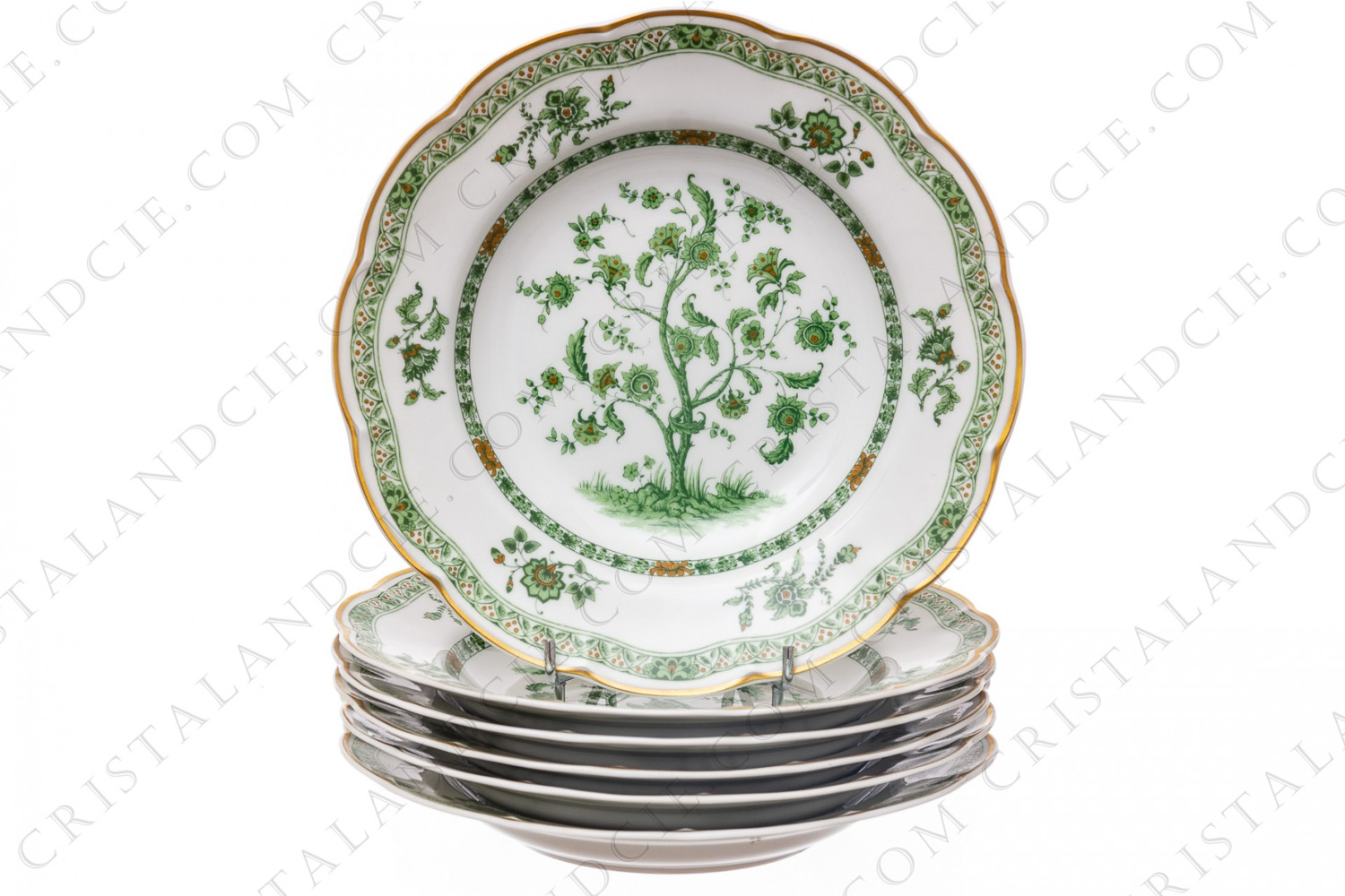 Set of six soup plates in Limoges china by Haviland pattern Arbre vert shape Lutece decorated with a green and brown flowered tree in the middle, with vegetables friezes and with a gold border photo-1