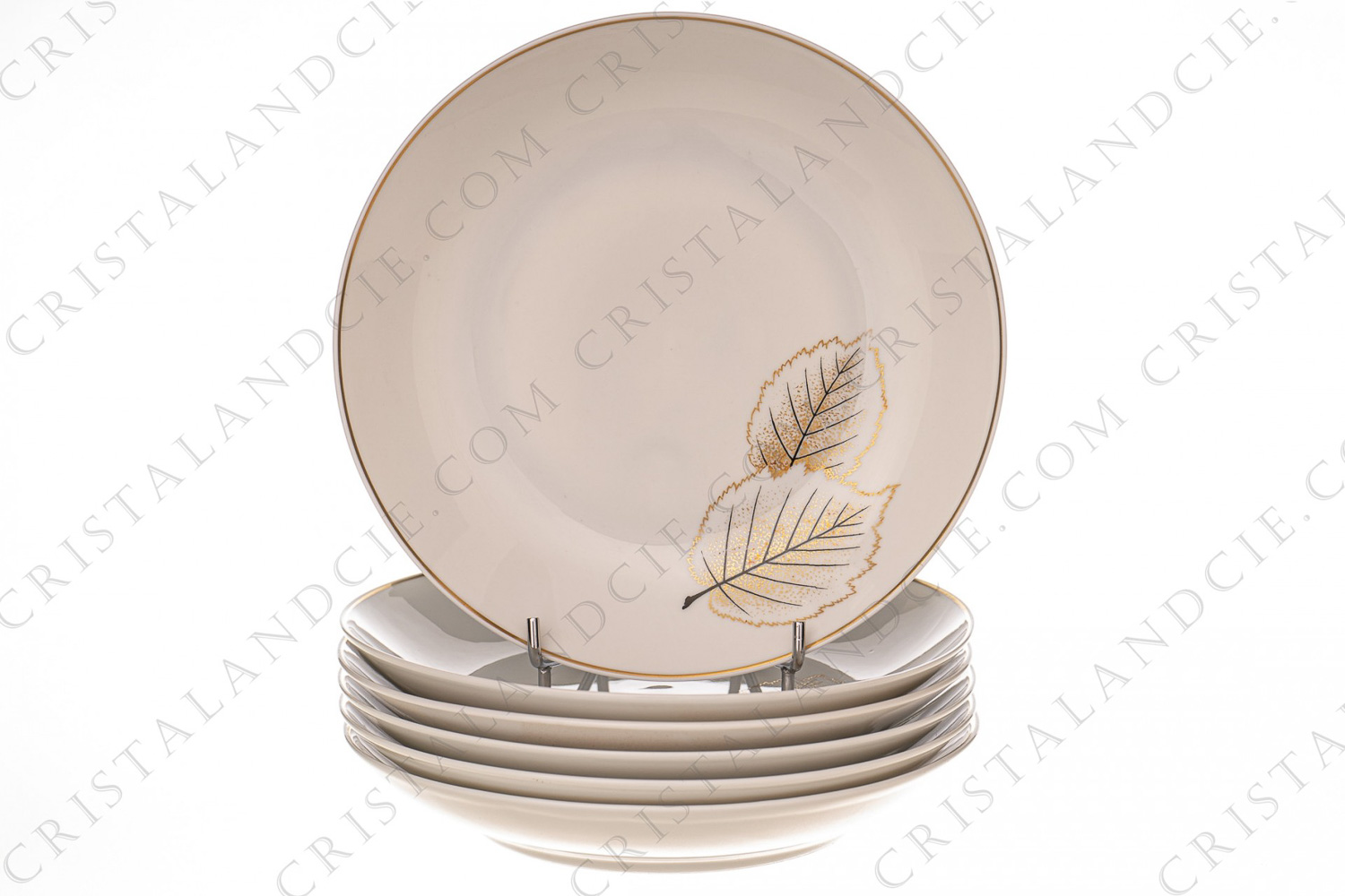 Set of six soup plates in Limoges china by Bernardaud pattern Catherine created by Nicole Desjardin, decorated with gold and black leaves photo-1