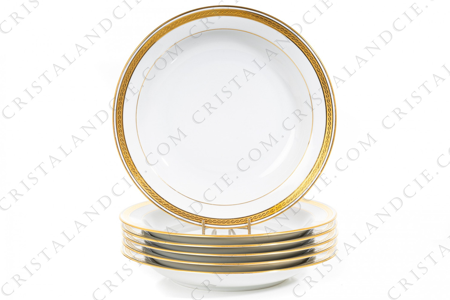Set of six soup plates in Limoges china by Bernardaud decorated with a frieze in gold inlays and gold borders photo-1