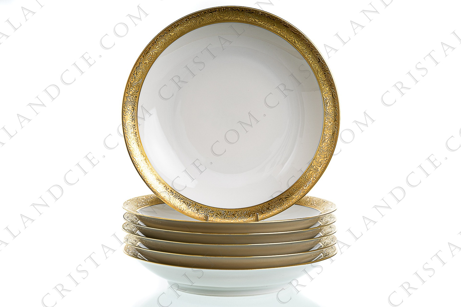 Série de six assiettes creuses en porcelaine de Limoges de la maison Chastagner pour Cambet Lyon, orné d une large frise en incrustations or photo-1