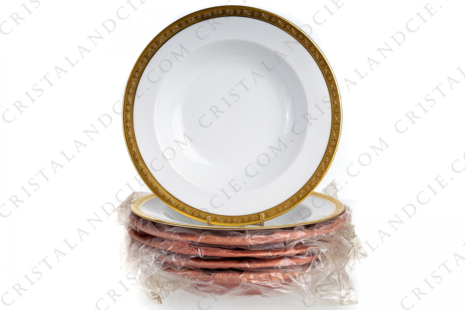 Set of six soup plates in Limoges china by Haviland shape Sèvres, pattern Losange with a frieze in gold inlays photo-1