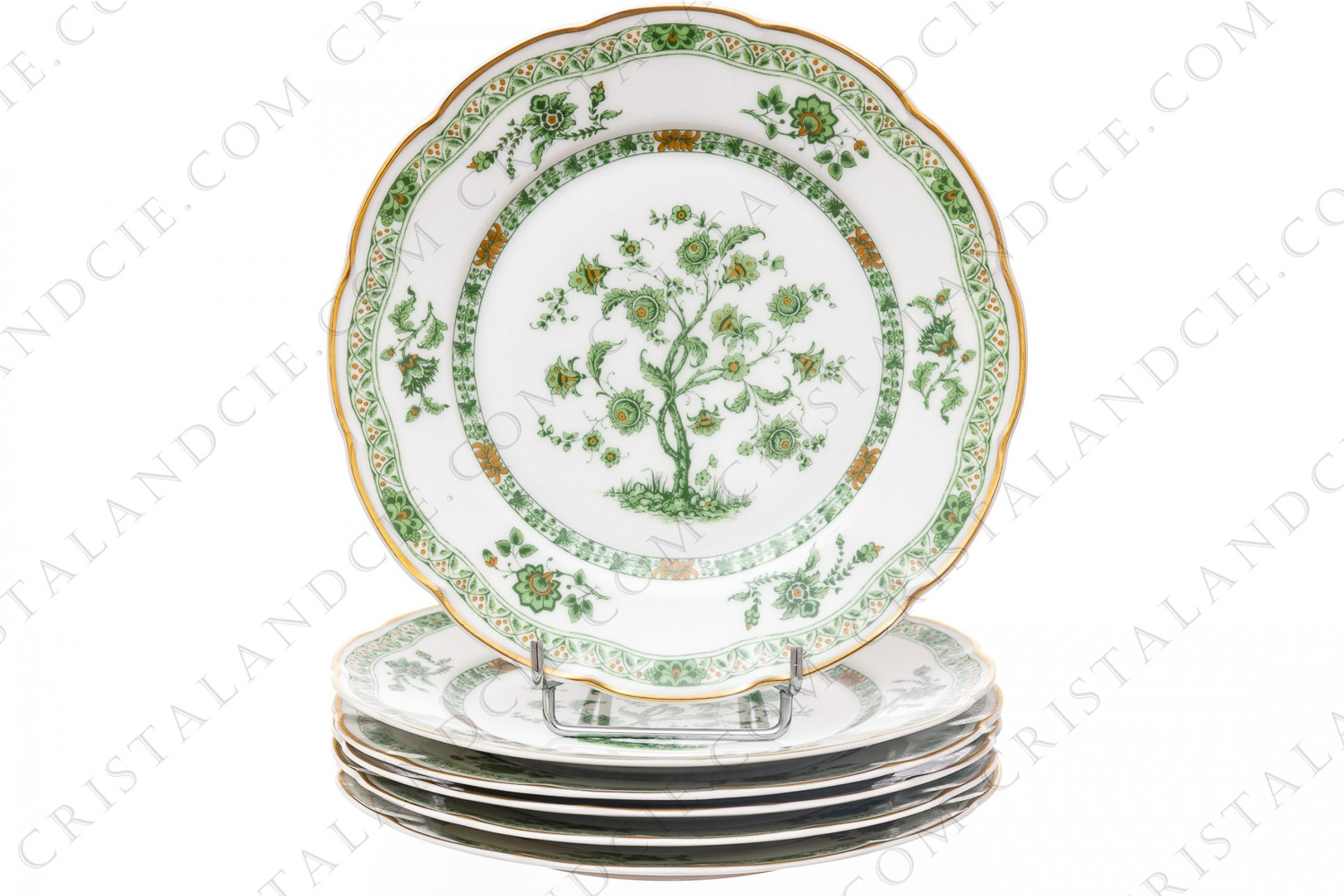 Set of six dessert plates in Limoges china by Haviland pattern Arbre vert shape Lutece decorated with a green and brown flowered tree in the middle, with vegetables friezes and with a gold border photo-1