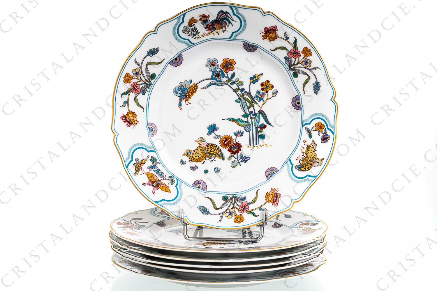 Set of six dessert plates in Limoges china by Havilland pattern Aux Cailles decorated with couples of quails and roosters, with butterflies and polychromes flowers enhanced with gold photo-1