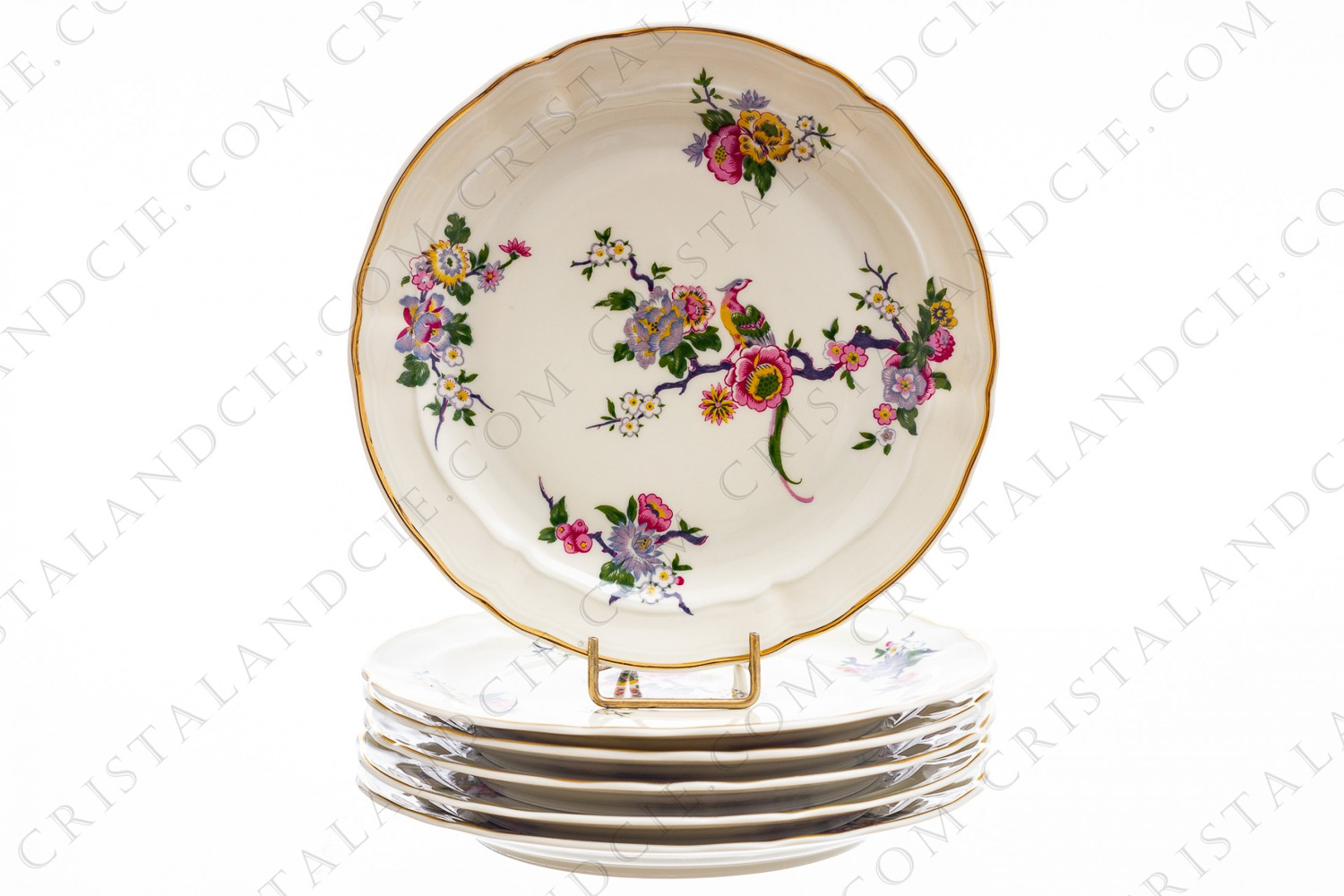 Set of six dessert plates in china of Limoges by Bernardaud pattern Bengali decorated with polychromes flowers and birds of paradise photo-1