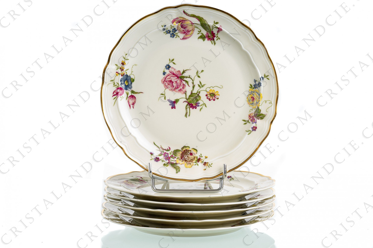 Set of six dessert plates in china of Limoges by Bernardaud shape Régence decorated with polychromes flowers photo-1