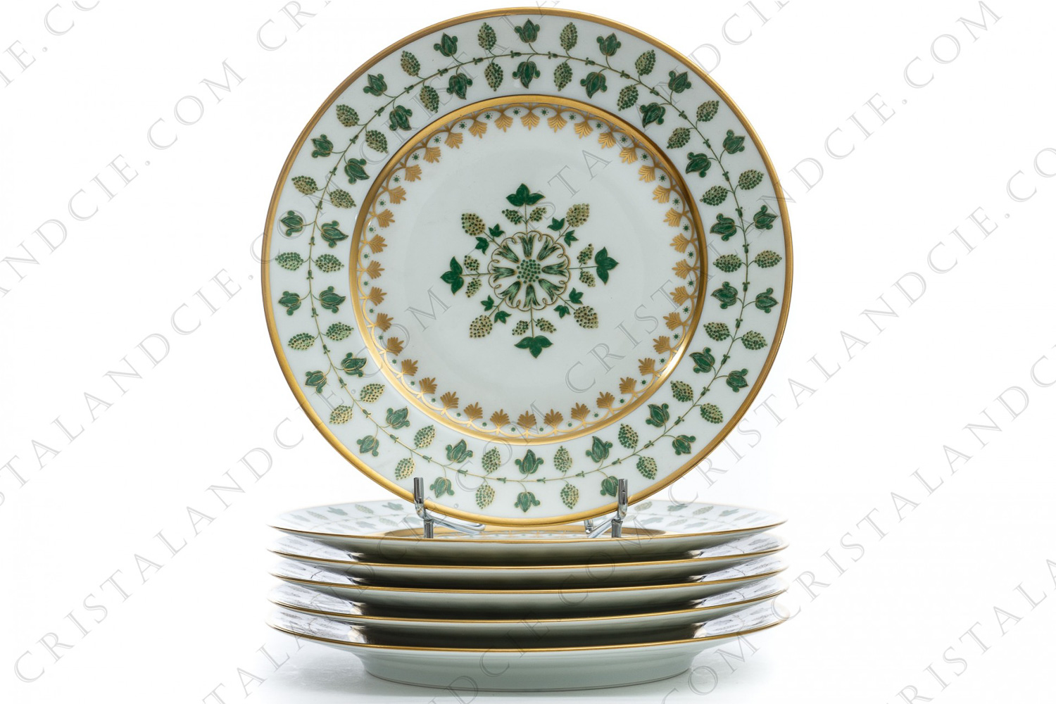 Set of six dessert plates in Limoges china by Haviland et Parlon pattern Matignon decorated with green and gold leaves photo-1