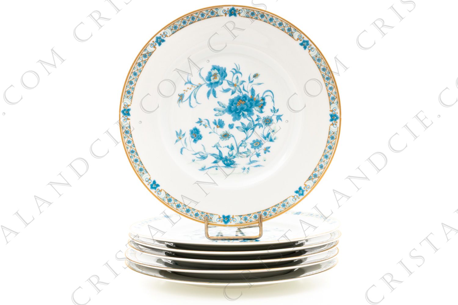 Série de six assiettes à dessert en porcelaine de Limoges de la maison Haviland modèle Nankin à décor de fleurs en camaïeu de bleus et rehauts or photo-1