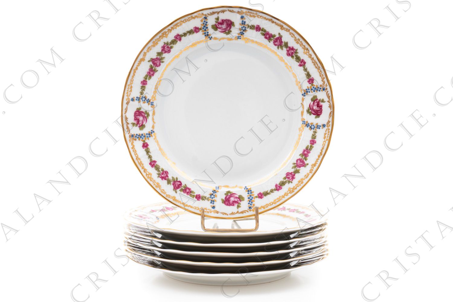 Set of six dessert plates in Limoges china by Bernardaud pattern Roses de Limoges decorated with friezes of pink roses, with roses in medallion and gold friezes photo-1