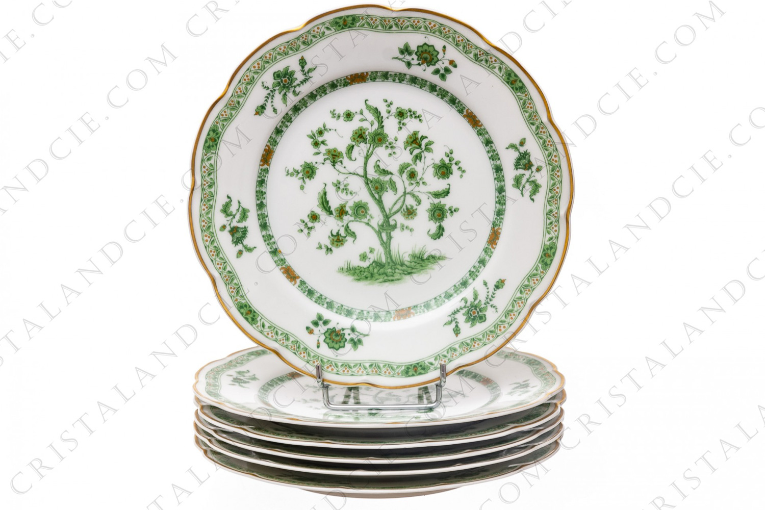Set of six dinner plates in Limoges china by Haviland pattern Arbre vert shape Lutece decorated with a green and brown flowered tree in the middle, with vegetables friezes and with a gold border photo-1