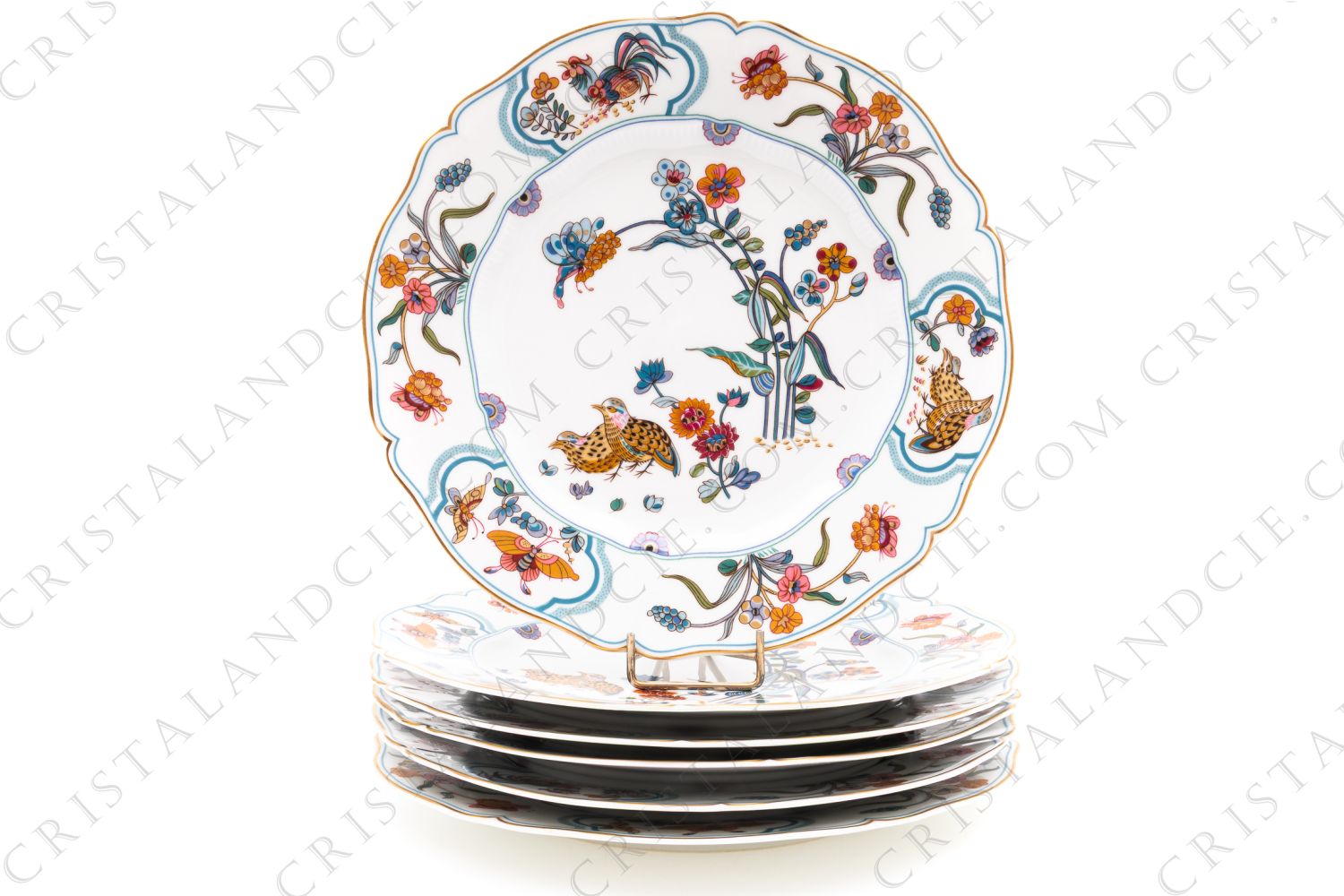 Set of six dinner plates in Limoges china by Haviland pattern Golden Quails decorated with couples of quails and roosters, with butterflies and polychromes flowers enhanced with gold photo-1