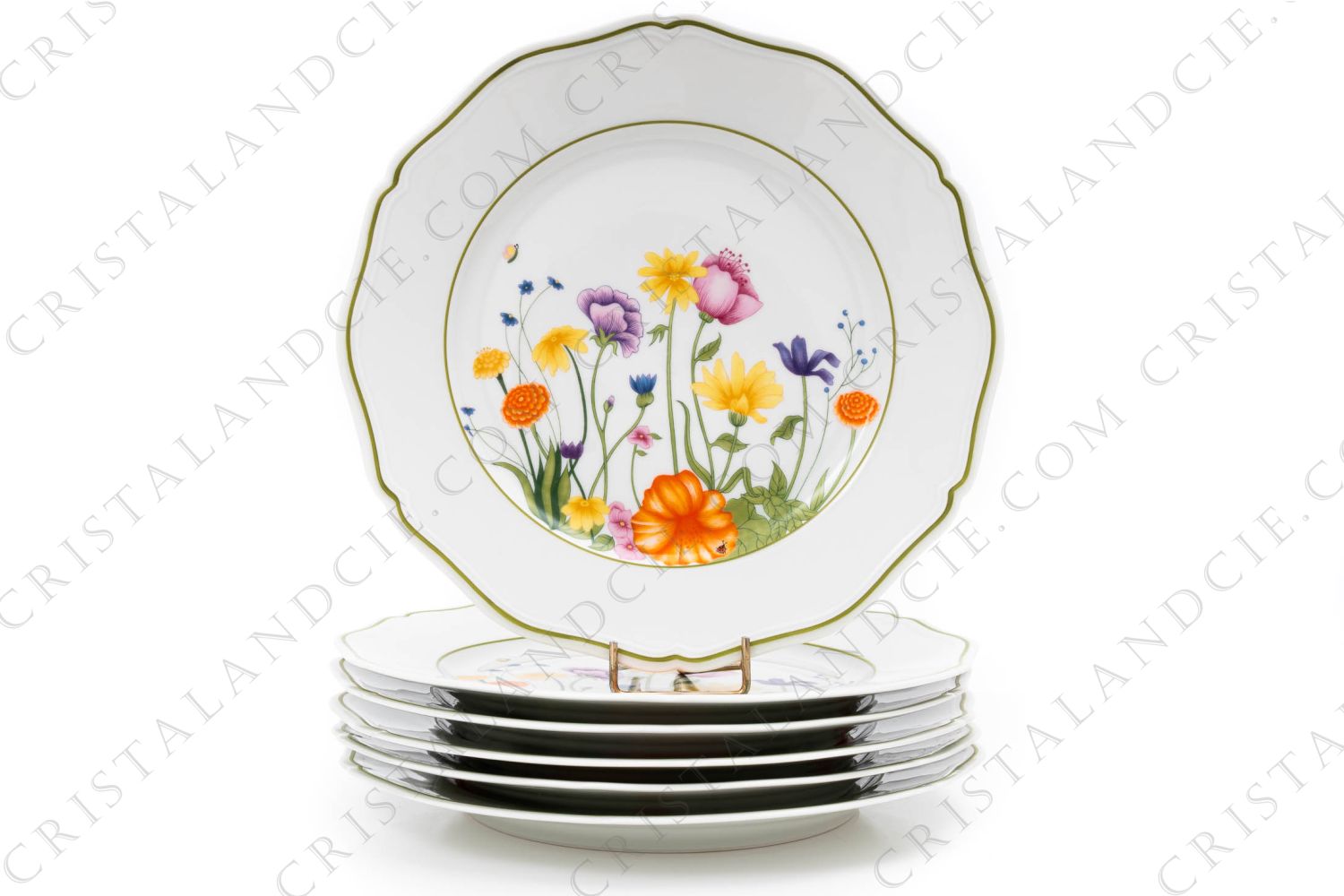 Set of six dinner plates in Limoges china by Raynaud for Denby pattern English Garden decorated with polychromes flowers and bugs photo-1
