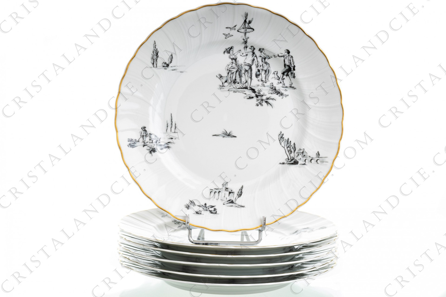 Set of six dinner plates in Limoges china by Bernardaud pattern Marie-Antoinette decorated with grey pastoral pictures according to a drawing of the French painter Paul Huet for the queen Marie-Antoinette photo-1
