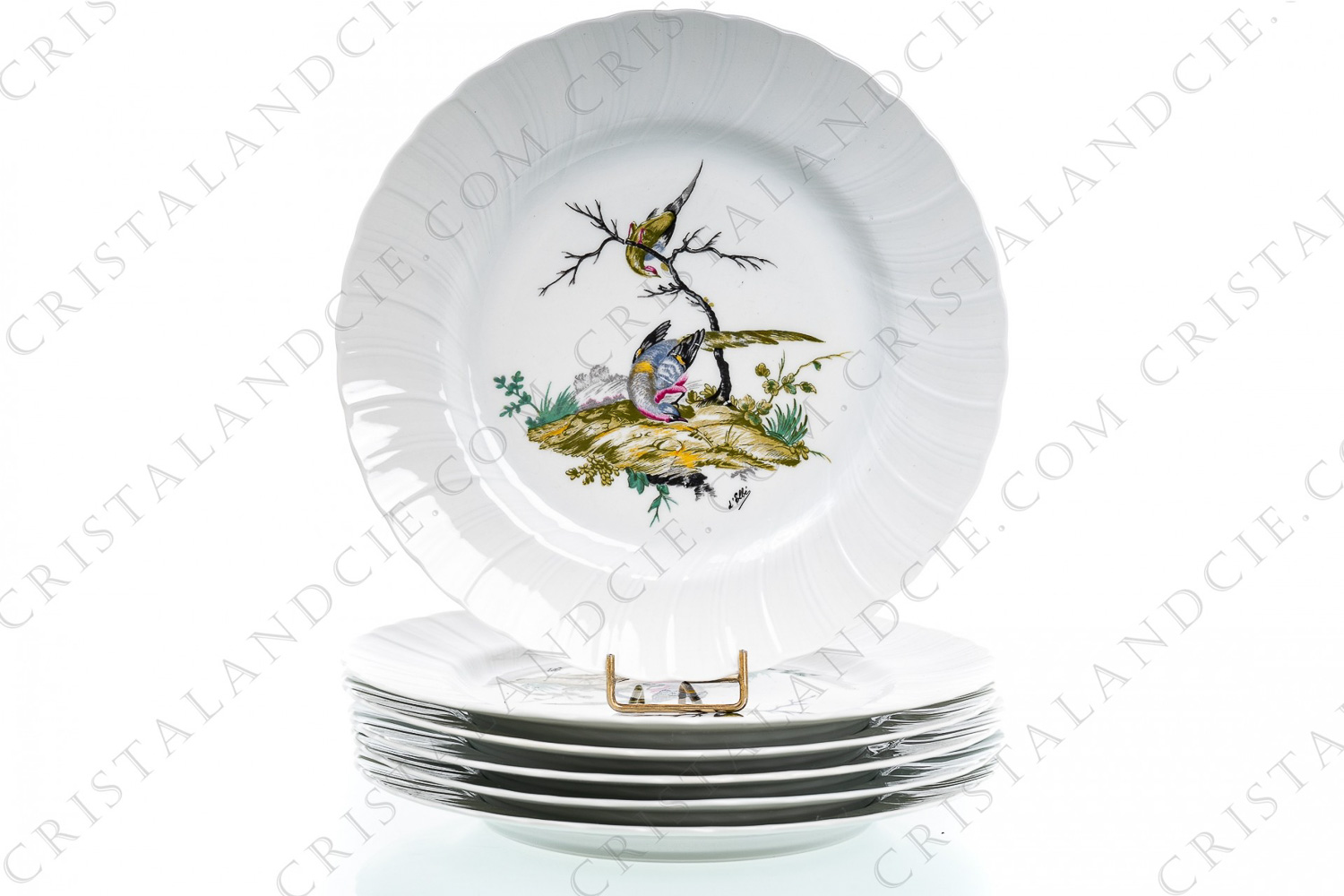 Set of six dinner plates in china of Limoges by Bernardaud pattern Sceaux, decorated with a polychrome couple of pheasants photo-1