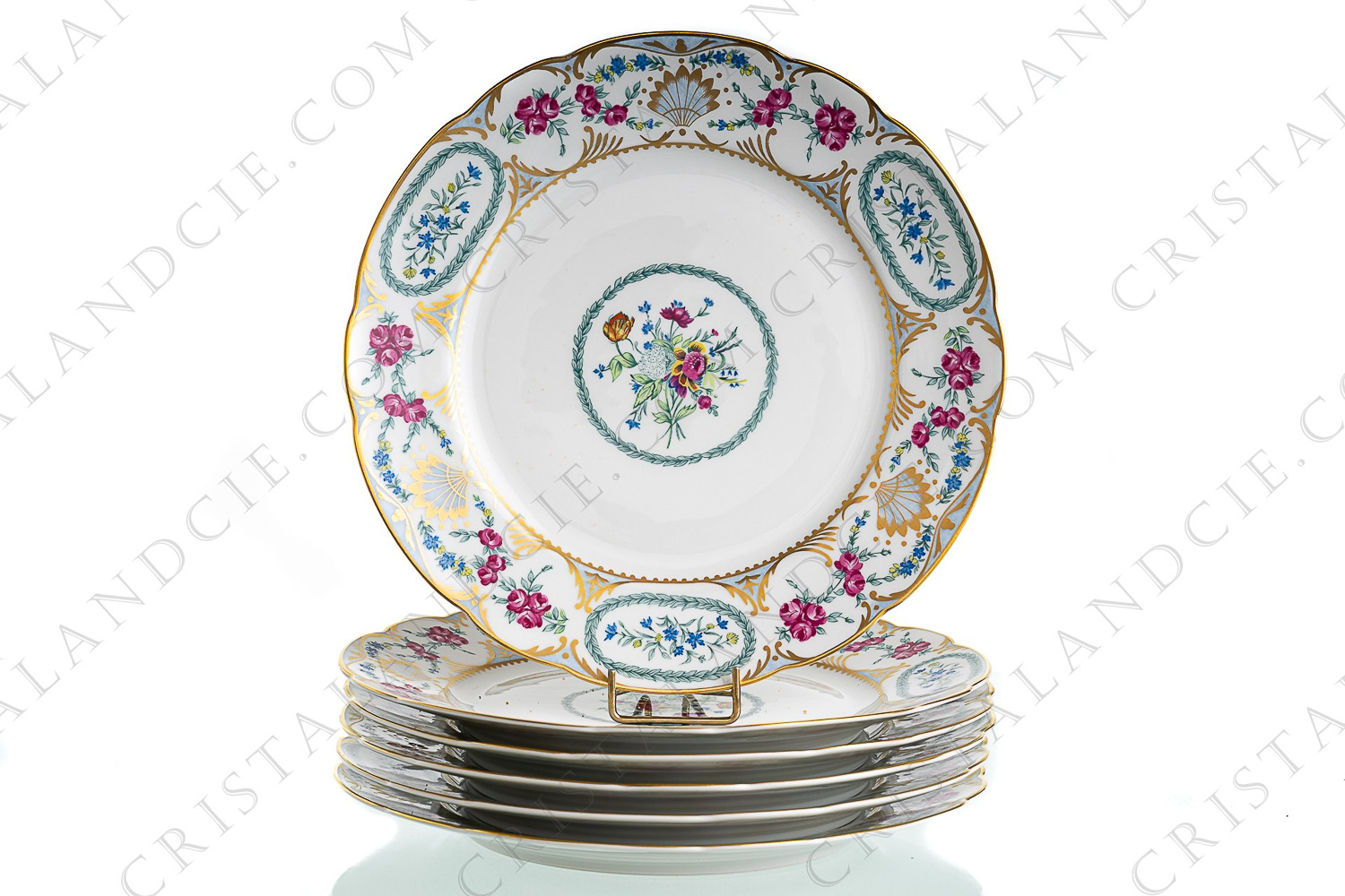 Set of six dinner plates in Limoges china by Bernardaud pattern Vigny with an important pattern of polychrome flowers and gold foliages photo-1
