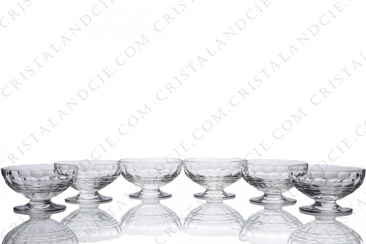Set of six Champagne saucers in crystal by Baccarat pattern Charmes with a cut pattern on the gob photo-1