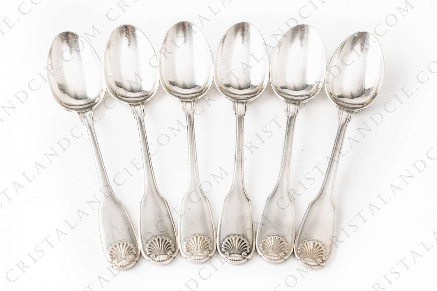 Set of six coffee spoons in platted silver by Christofle pattern Vendôme, decorated with a shell photo-1