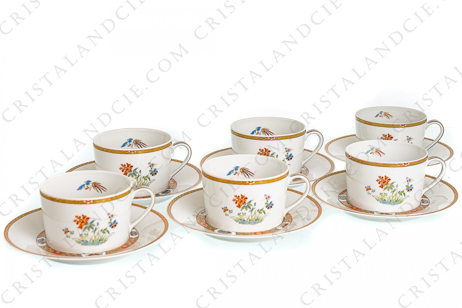 Set of six breakfast cups in Limoges china by Bernardaud pattern Chef d Œuvre decorated with polychromes and gold flowers and butterflies and with friezes of flowers and butterflies, inspired by a pattern of the imperial china manufacture King-Tö-Tchen of the beginning of the 18th century photo-1