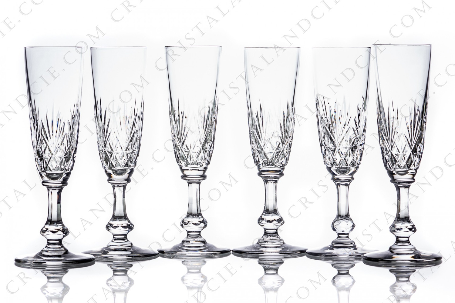 Set of six Champagne flutes in crystal by Saint-Louis pattern Massenet with an important cut pattern on the parison and a ring on the dawn of the stem photo-1