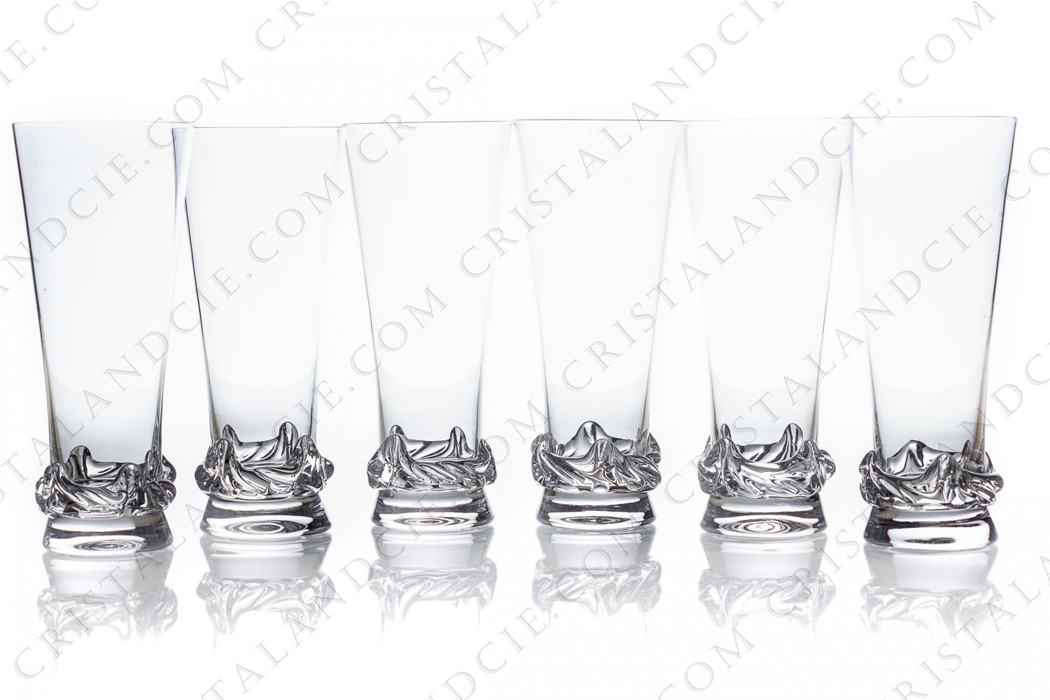 Set of six Champagne flutes in crystal by Daum pattern Sorcy decorated with waves on the base photo-1